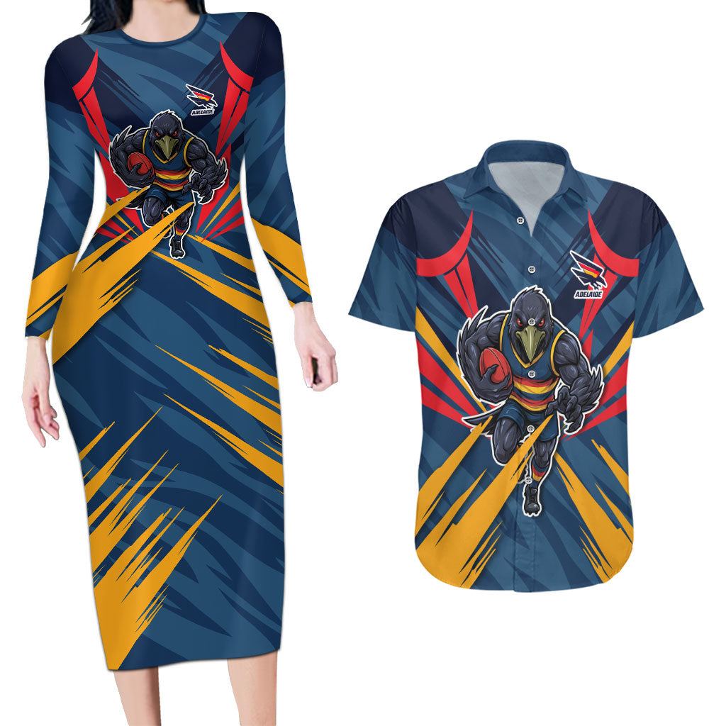 Adelaide Crows Australian Football Couples Matching Long Sleeve Bodycon Dress and Hawaiian Shirt Muscular Mascot Graphic - Bold Team Colors