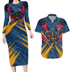 Adelaide Crows Australian Football Couples Matching Long Sleeve Bodycon Dress and Hawaiian Shirt Muscular Mascot Graphic - Bold Team Colors