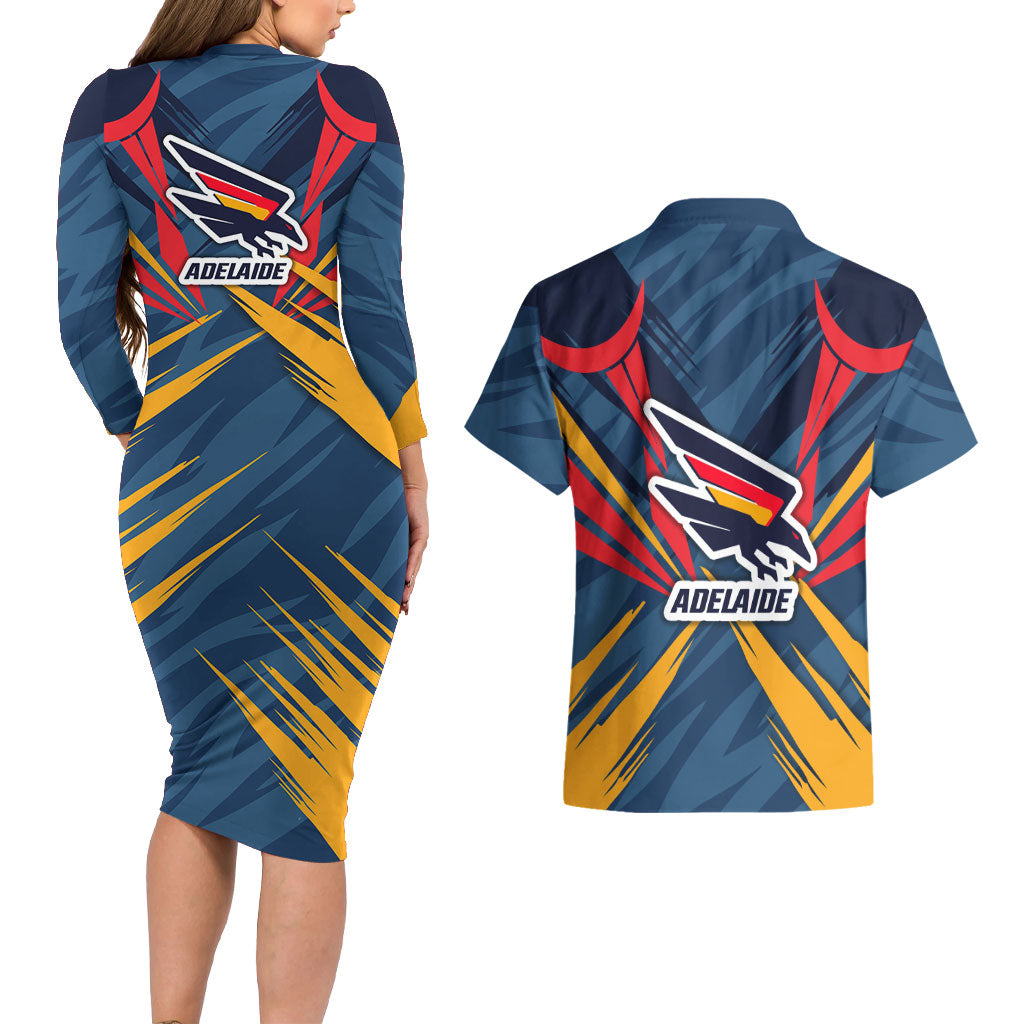 Adelaide Crows Australian Football Couples Matching Long Sleeve Bodycon Dress and Hawaiian Shirt Muscular Mascot Graphic - Bold Team Colors