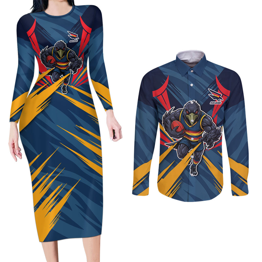 Adelaide Crows Australian Football Couples Matching Long Sleeve Bodycon Dress and Long Sleeve Button Shirt Muscular Mascot Graphic - Bold Team Colors