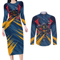 Adelaide Crows Australian Football Couples Matching Long Sleeve Bodycon Dress and Long Sleeve Button Shirt Muscular Mascot Graphic - Bold Team Colors