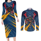 Adelaide Crows Australian Football Couples Matching Long Sleeve Bodycon Dress and Long Sleeve Button Shirt Muscular Mascot Graphic - Bold Team Colors