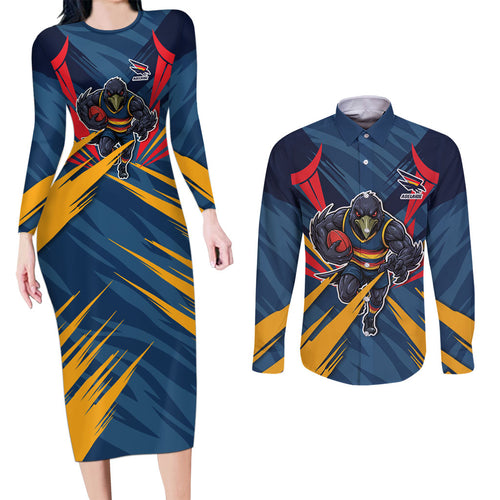 Adelaide Crows Australian Football Couples Matching Long Sleeve Bodycon Dress and Long Sleeve Button Shirt Muscular Mascot Graphic - Bold Team Colors
