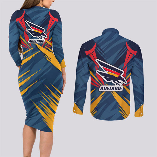 Adelaide Crows Australian Football Couples Matching Long Sleeve Bodycon Dress and Long Sleeve Button Shirt Muscular Mascot Graphic - Bold Team Colors