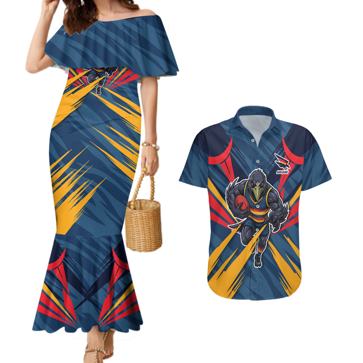 Adelaide Crows Australian Football Couples Matching Mermaid Dress and Hawaiian Shirt Muscular Mascot Graphic - Bold Team Colors