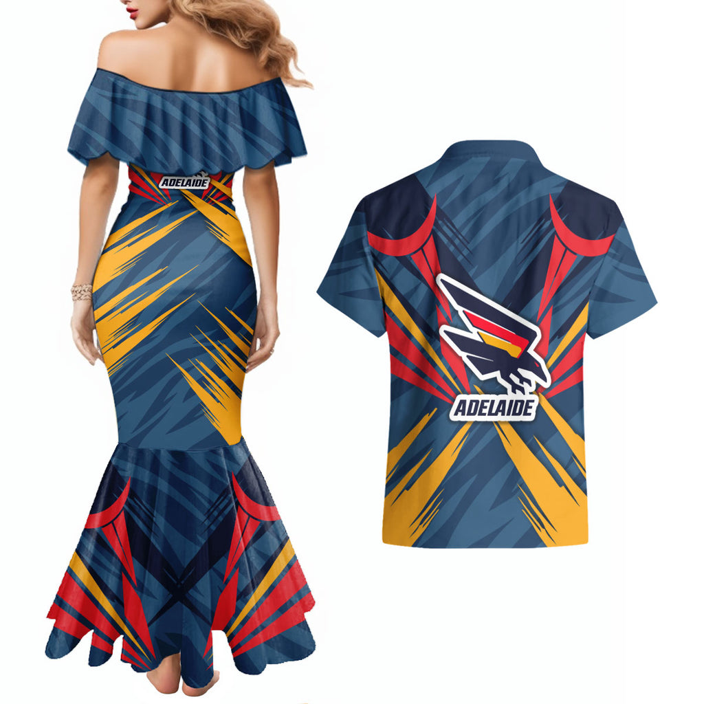 Adelaide Crows Australian Football Couples Matching Mermaid Dress and Hawaiian Shirt Muscular Mascot Graphic - Bold Team Colors