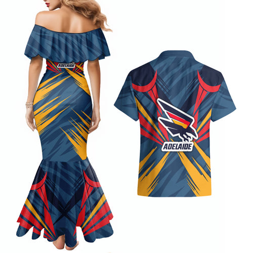 Adelaide Crows Australian Football Couples Matching Mermaid Dress and Hawaiian Shirt Muscular Mascot Graphic - Bold Team Colors