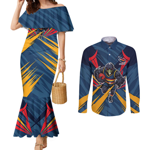 Adelaide Crows Australian Football Couples Matching Mermaid Dress and Long Sleeve Button Shirt Muscular Mascot Graphic - Bold Team Colors