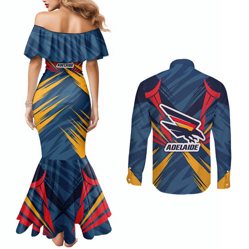 Adelaide Crows Australian Football Couples Matching Mermaid Dress and Long Sleeve Button Shirt Muscular Mascot Graphic - Bold Team Colors
