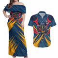 Adelaide Crows Australian Football Couples Matching Off Shoulder Maxi Dress and Hawaiian Shirt Muscular Mascot Graphic - Bold Team Colors