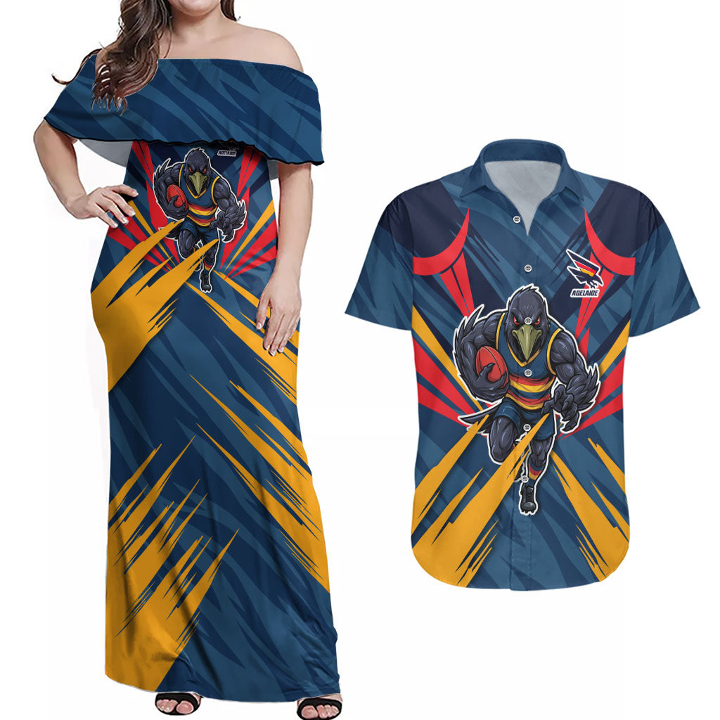 Adelaide Crows Australian Football Couples Matching Off Shoulder Maxi Dress and Hawaiian Shirt Muscular Mascot Graphic - Bold Team Colors