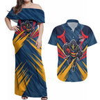 Adelaide Crows Australian Football Couples Matching Off Shoulder Maxi Dress and Hawaiian Shirt Muscular Mascot Graphic - Bold Team Colors