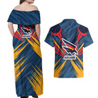Adelaide Crows Australian Football Couples Matching Off Shoulder Maxi Dress and Hawaiian Shirt Muscular Mascot Graphic - Bold Team Colors