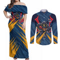 Adelaide Crows Australian Football Couples Matching Off Shoulder Maxi Dress and Long Sleeve Button Shirt Muscular Mascot Graphic - Bold Team Colors
