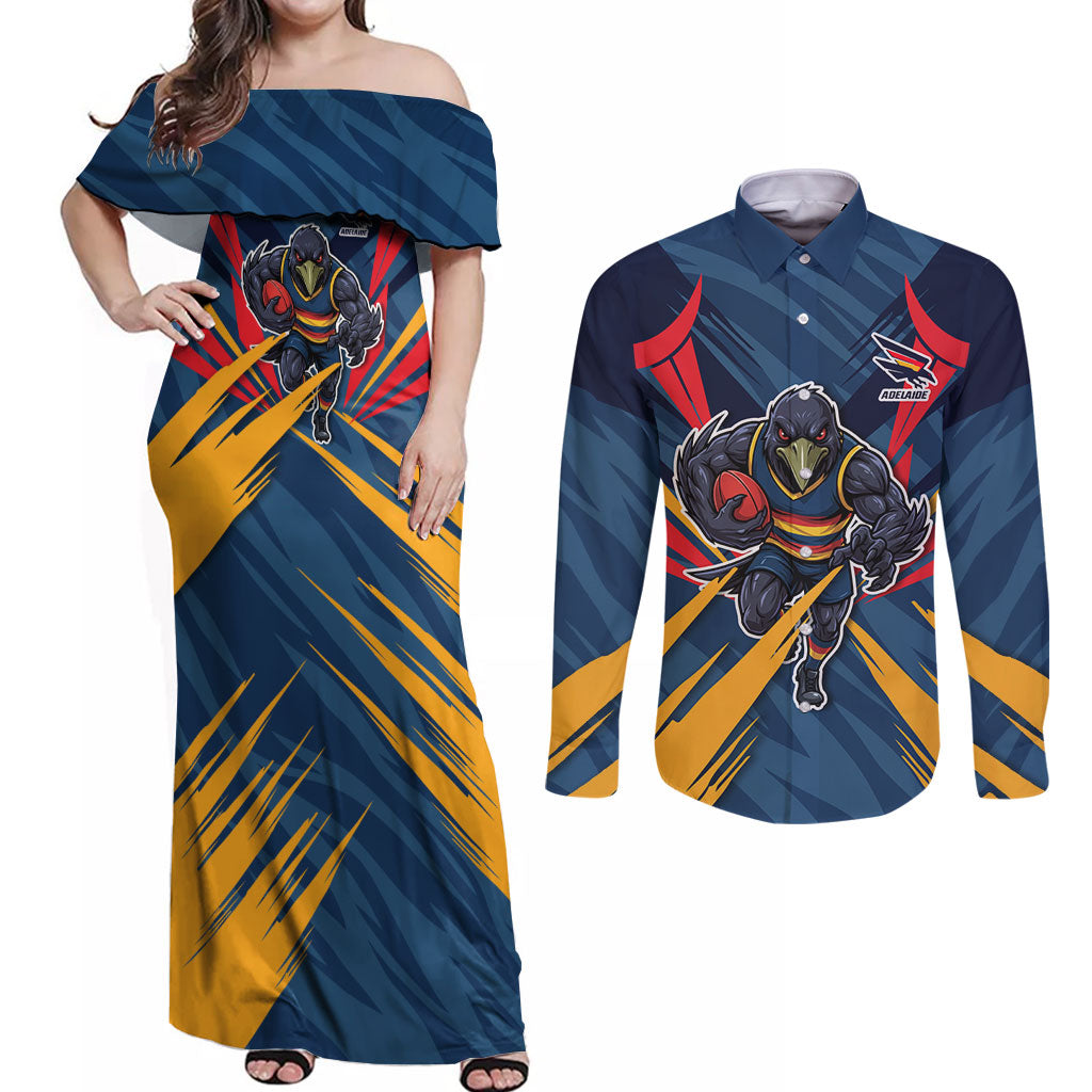Adelaide Crows Australian Football Couples Matching Off Shoulder Maxi Dress and Long Sleeve Button Shirt Muscular Mascot Graphic - Bold Team Colors