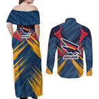 Adelaide Crows Australian Football Couples Matching Off Shoulder Maxi Dress and Long Sleeve Button Shirt Muscular Mascot Graphic - Bold Team Colors