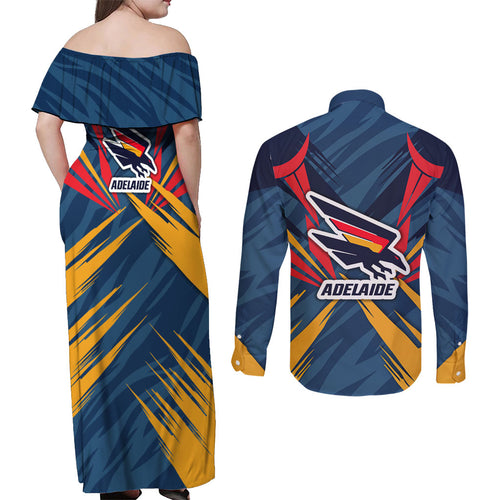 Adelaide Crows Australian Football Couples Matching Off Shoulder Maxi Dress and Long Sleeve Button Shirt Muscular Mascot Graphic - Bold Team Colors