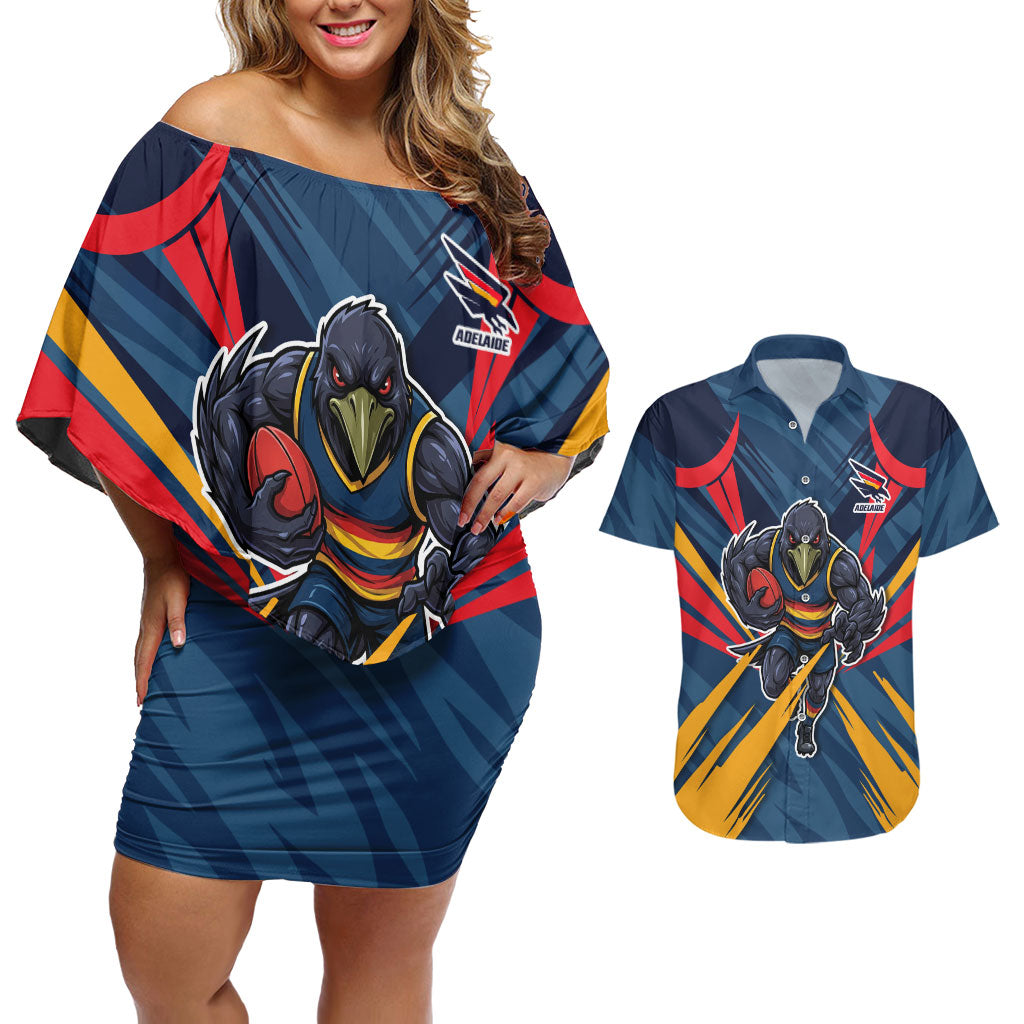 Adelaide Crows Australian Football Couples Matching Off Shoulder Short Dress and Hawaiian Shirt Muscular Mascot Graphic - Bold Team Colors