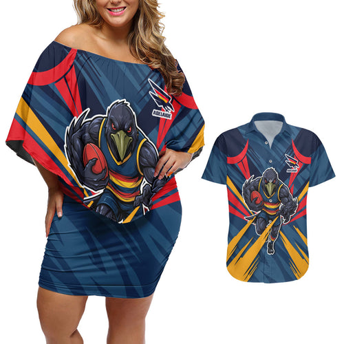 Adelaide Crows Australian Football Couples Matching Off Shoulder Short Dress and Hawaiian Shirt Muscular Mascot Graphic - Bold Team Colors