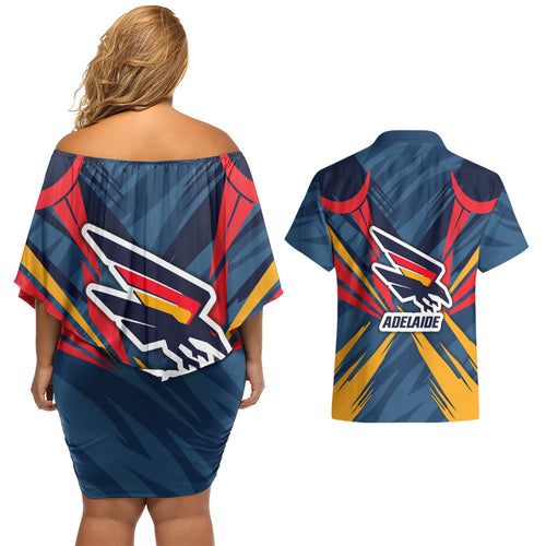 Adelaide Crows Australian Football Couples Matching Off Shoulder Short Dress and Hawaiian Shirt Muscular Mascot Graphic - Bold Team Colors