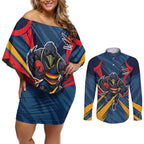 Adelaide Crows Australian Football Couples Matching Off Shoulder Short Dress and Long Sleeve Button Shirt Muscular Mascot Graphic - Bold Team Colors