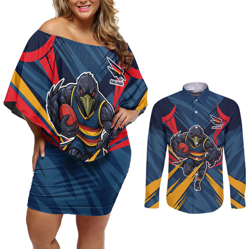 Adelaide Crows Australian Football Couples Matching Off Shoulder Short Dress and Long Sleeve Button Shirt Muscular Mascot Graphic - Bold Team Colors