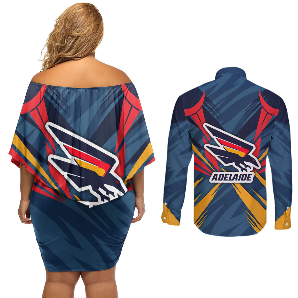 Adelaide Crows Australian Football Couples Matching Off Shoulder Short Dress and Long Sleeve Button Shirt Muscular Mascot Graphic - Bold Team Colors