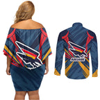 Adelaide Crows Australian Football Couples Matching Off Shoulder Short Dress and Long Sleeve Button Shirt Muscular Mascot Graphic - Bold Team Colors