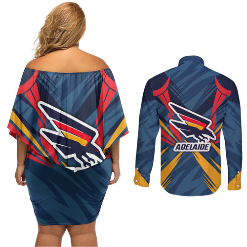 Adelaide Crows Australian Football Couples Matching Off Shoulder Short Dress and Long Sleeve Button Shirt Muscular Mascot Graphic - Bold Team Colors