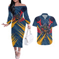 Adelaide Crows Australian Football Couples Matching Off The Shoulder Long Sleeve Dress and Hawaiian Shirt Muscular Mascot Graphic - Bold Team Colors