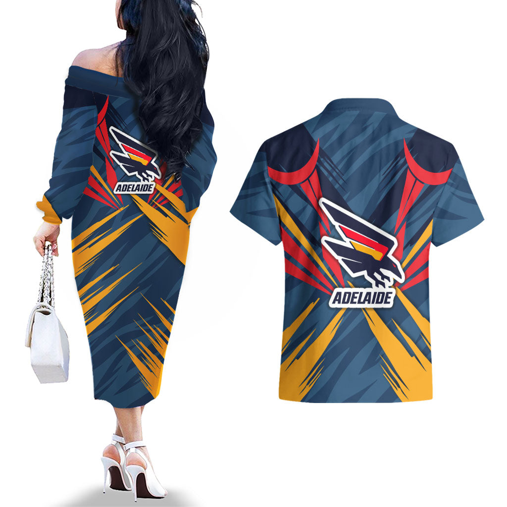 Adelaide Crows Australian Football Couples Matching Off The Shoulder Long Sleeve Dress and Hawaiian Shirt Muscular Mascot Graphic - Bold Team Colors