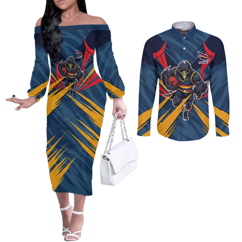 Adelaide Crows Australian Football Couples Matching Off The Shoulder Long Sleeve Dress and Long Sleeve Button Shirt Muscular Mascot Graphic - Bold Team Colors