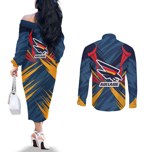 Adelaide Crows Australian Football Couples Matching Off The Shoulder Long Sleeve Dress and Long Sleeve Button Shirt Muscular Mascot Graphic - Bold Team Colors
