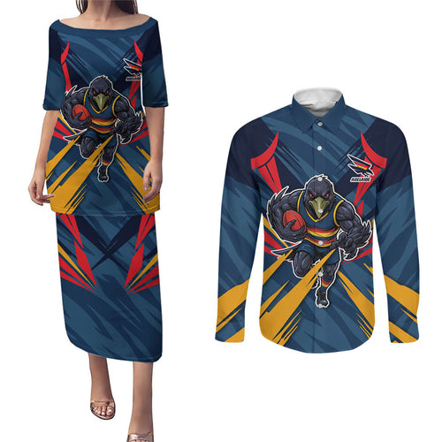 Adelaide Crows Australian Football Couples Matching Puletasi and Long Sleeve Button Shirt Muscular Mascot Graphic - Bold Team Colors
