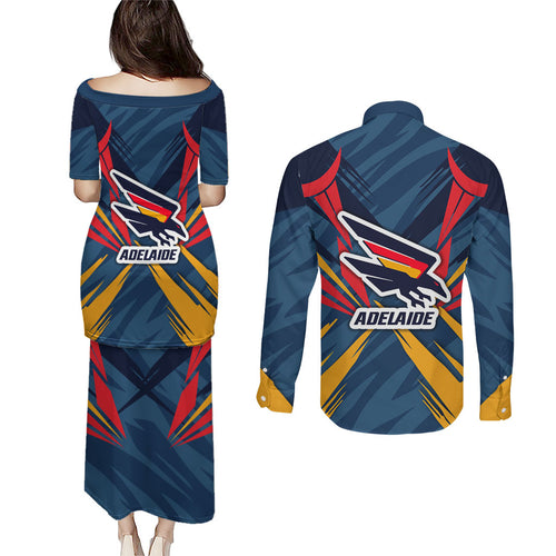 Adelaide Crows Australian Football Couples Matching Puletasi and Long Sleeve Button Shirt Muscular Mascot Graphic - Bold Team Colors