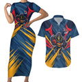 Adelaide Crows Australian Football Couples Matching Short Sleeve Bodycon Dress and Hawaiian Shirt Muscular Mascot Graphic - Bold Team Colors