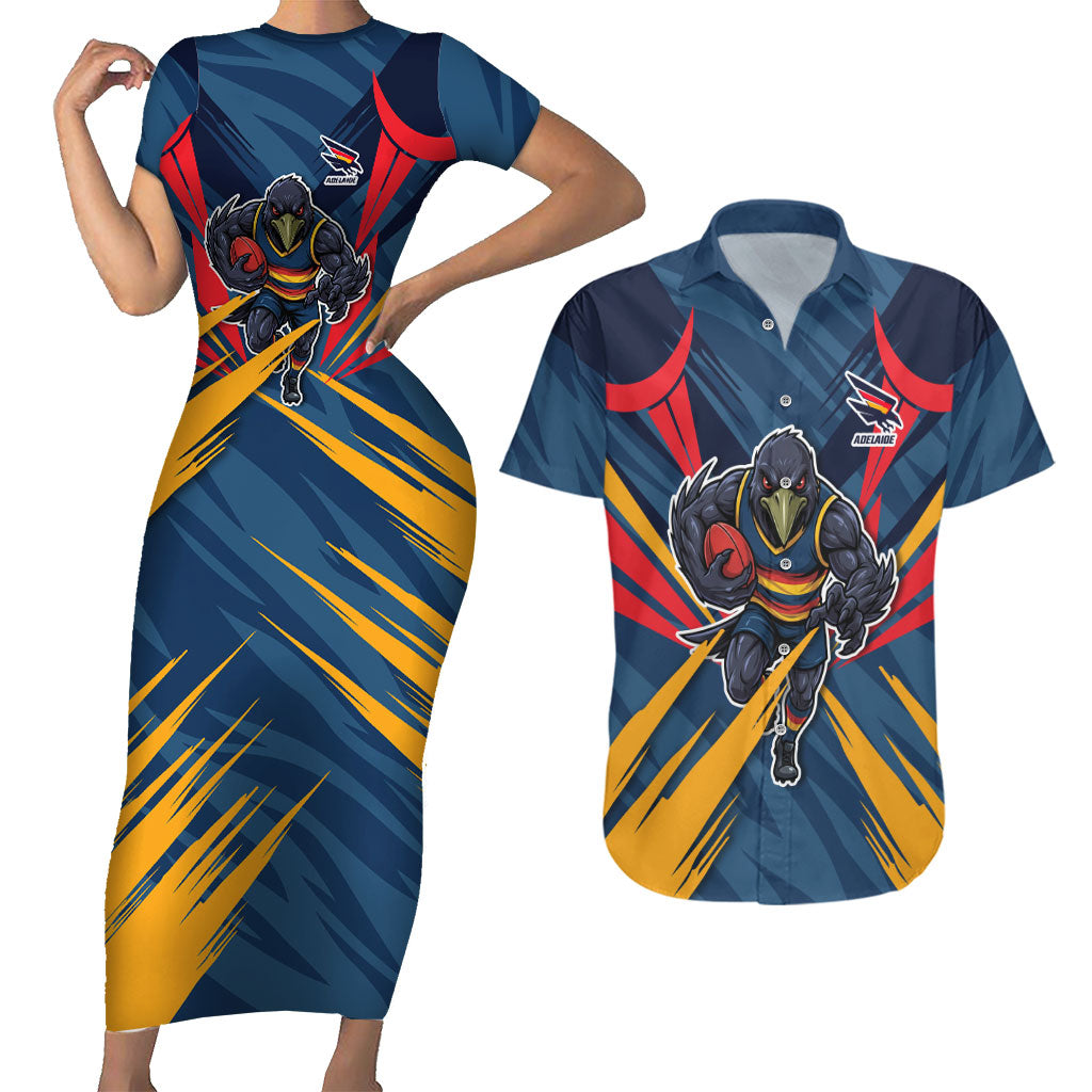 Adelaide Crows Australian Football Couples Matching Short Sleeve Bodycon Dress and Hawaiian Shirt Muscular Mascot Graphic - Bold Team Colors