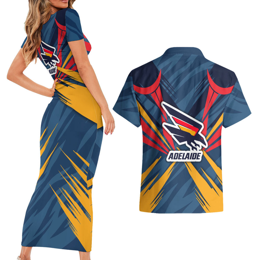 Adelaide Crows Australian Football Couples Matching Short Sleeve Bodycon Dress and Hawaiian Shirt Muscular Mascot Graphic - Bold Team Colors