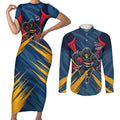 Adelaide Crows Australian Football Couples Matching Short Sleeve Bodycon Dress and Long Sleeve Button Shirt Muscular Mascot Graphic - Bold Team Colors