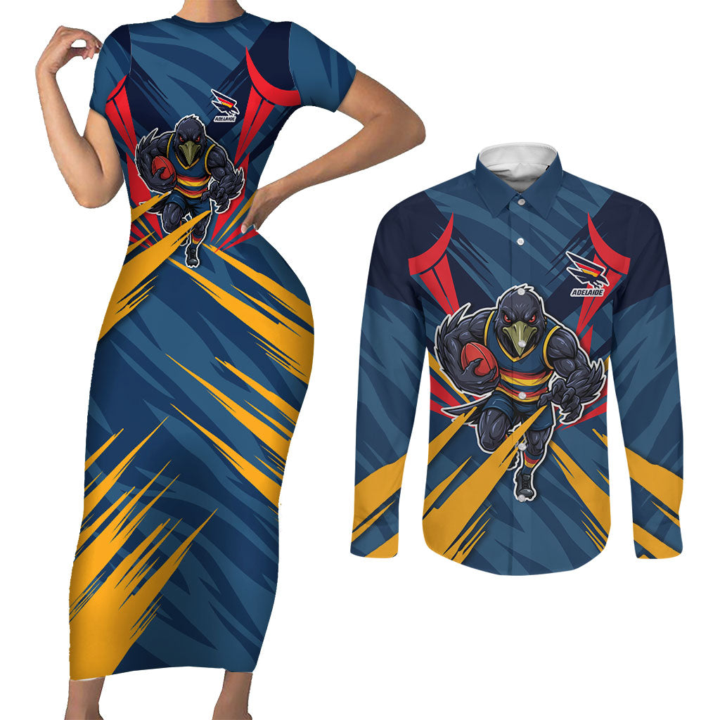 Adelaide Crows Australian Football Couples Matching Short Sleeve Bodycon Dress and Long Sleeve Button Shirt Muscular Mascot Graphic - Bold Team Colors