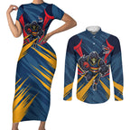 Adelaide Crows Australian Football Couples Matching Short Sleeve Bodycon Dress and Long Sleeve Button Shirt Muscular Mascot Graphic - Bold Team Colors