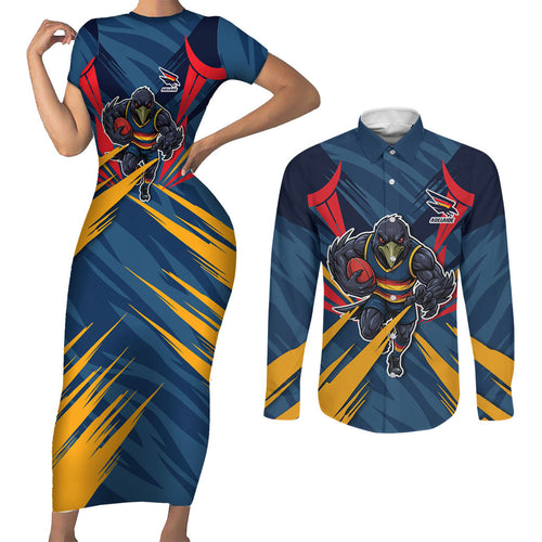 Adelaide Crows Australian Football Couples Matching Short Sleeve Bodycon Dress and Long Sleeve Button Shirt Muscular Mascot Graphic - Bold Team Colors