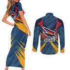 Adelaide Crows Australian Football Couples Matching Short Sleeve Bodycon Dress and Long Sleeve Button Shirt Muscular Mascot Graphic - Bold Team Colors