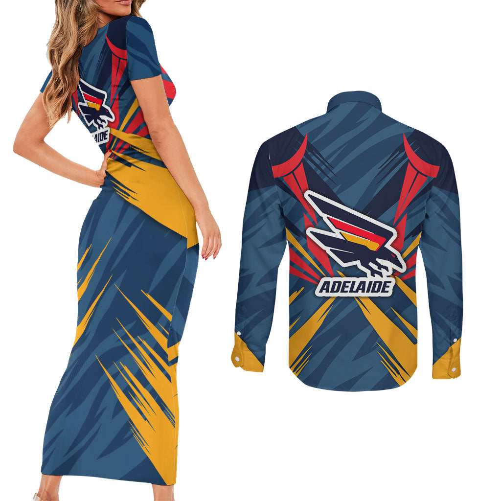Adelaide Crows Australian Football Couples Matching Short Sleeve Bodycon Dress and Long Sleeve Button Shirt Muscular Mascot Graphic - Bold Team Colors