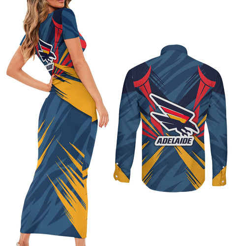 Adelaide Crows Australian Football Couples Matching Short Sleeve Bodycon Dress and Long Sleeve Button Shirt Muscular Mascot Graphic - Bold Team Colors