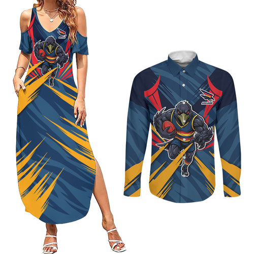 Adelaide Crows Australian Football Couples Matching Summer Maxi Dress and Long Sleeve Button Shirt Muscular Mascot Graphic - Bold Team Colors