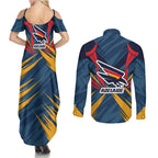Adelaide Crows Australian Football Couples Matching Summer Maxi Dress and Long Sleeve Button Shirt Muscular Mascot Graphic - Bold Team Colors