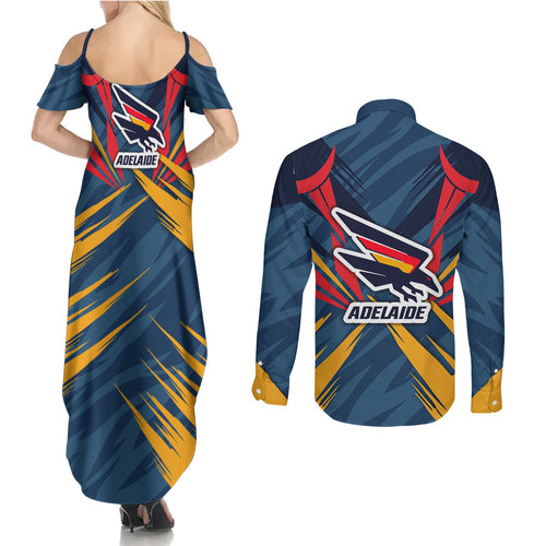 Adelaide Crows Australian Football Couples Matching Summer Maxi Dress and Long Sleeve Button Shirt Muscular Mascot Graphic - Bold Team Colors