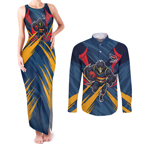 Adelaide Crows Australian Football Couples Matching Tank Maxi Dress and Long Sleeve Button Shirt Muscular Mascot Graphic - Bold Team Colors