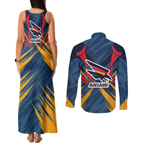 Adelaide Crows Australian Football Couples Matching Tank Maxi Dress and Long Sleeve Button Shirt Muscular Mascot Graphic - Bold Team Colors